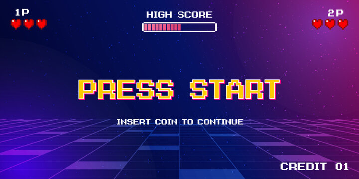 PRESS START. INSERT A COIN TO CONTINUE. pixel art 8 bit. Retro Futurism Sci-Fi Background. glowing neon grid and stars from vintage arcade computer games