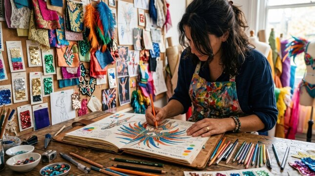 Professional costume designer artist hand sketching detailed carnival fashion illustration inside artisan studio craft workshop