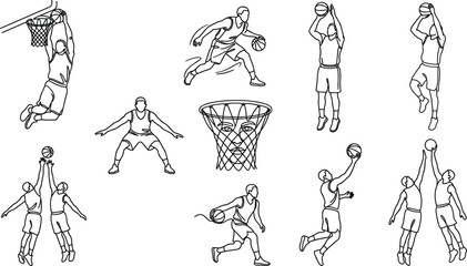 Basketball Player Action Line Art Icon Set Featuring Slam Dunk Dribbling Shooting and Hoop Concepts for Sports Branding Logos and Web Graphics © MARKNIS