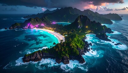 Fototapeta premium Tropical island with colorful beach lights.