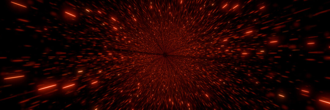 3D Rendering of flying glow sparks andy speed lines with blank hole on black background