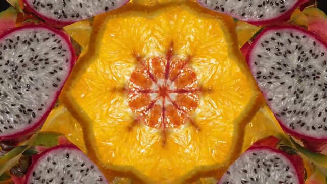 Kaleidoscope pattern of orange slices and strawberries