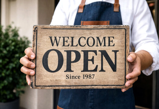 Friendly cafe employee holding a wooden welcome open sign showing business established since past years