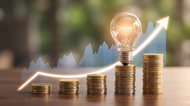 Glowing light bulb on stacked coins with rising growth chart arrow symbolizing smart financial idea