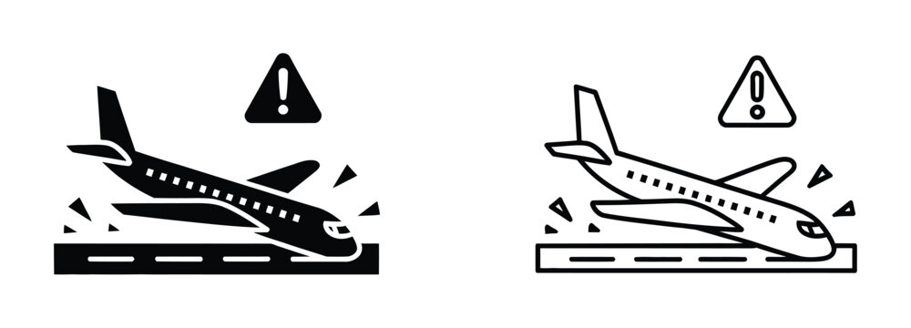 Plane crash warning icon, fragile package handling symbol with crashing airplane silhouette for shipping labels, cargo safety, logistics and transportation signage.