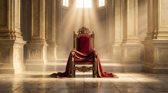 Empty royal throne chair with velvet cloth inside a grand palace hall