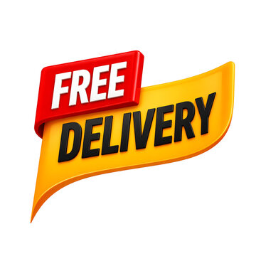 Bright red and yellow three dimensional sticker featuring the bold text free delivery