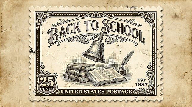 Vintage 1857 US postage stamp with back to school theme and butterfly illustration