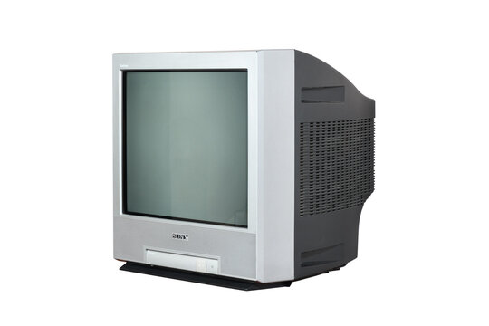 Vintage silver Sony Trinitron CRT TV isolated on white background.