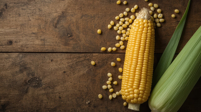 Fresh yellow corn on cob with scattered kernels and green husk on wooden table, warm rustic mood