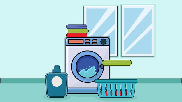 Washing Machine animation backgrounds video . Laundry Day Laundry Basket Detergent Bottle House Chores Cleaning Service for furniture 2d animated footage motion graphic illustration design