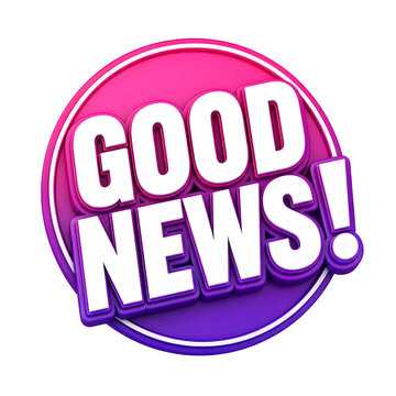 Vibrant three dimensional graphic design featuring white bold letters that spell out good news sitting inside a bright pink and purple circular badge isolated against a clean white background area.