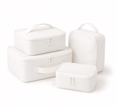 Three white fabric travel pouches with handles
