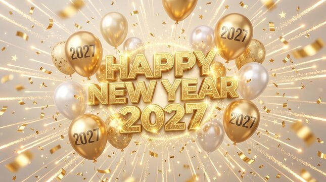 Golden and silver balloons with happy new year 2027 text and confetti celebration