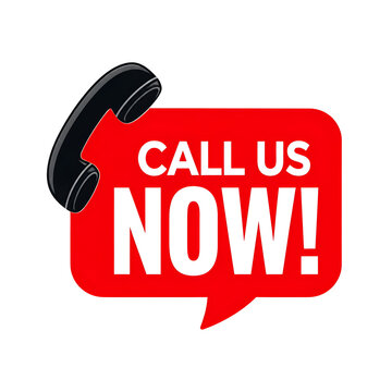 Black telephone handset icon placed above a vibrant red speech bubble with bold white text that says call us