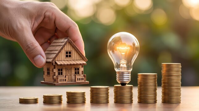Hand holding house model near glowing light bulb above coin stacks for smart home investment idea
