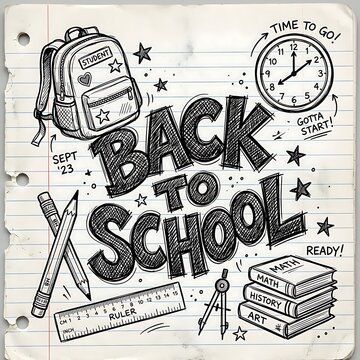 Hand-drawn back to school doodle with books, pencils, clock, and backpack on lined paper