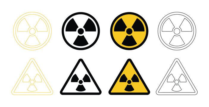 Radiation hazard vector icon set, radioactive warning signs and nuclear safety symbols for laboratories, industrial facilities, hazardous materials and emergency signage.