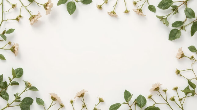 Delicate beige wild rose border soft minimalist floral frame with empty white space