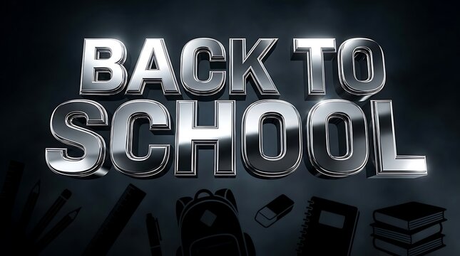 Back to school concept with metallic 3D text and school supplies on dark background