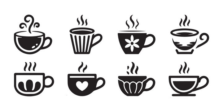 Decorative coffee cup icons set featuring heart flower and striped patterns for cafe branding use.