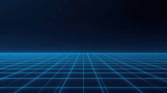 Neon grid floor with glowing blue lines and dark horizon evoking retro futurism