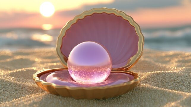Glowing translucent pearl in open shell on beach