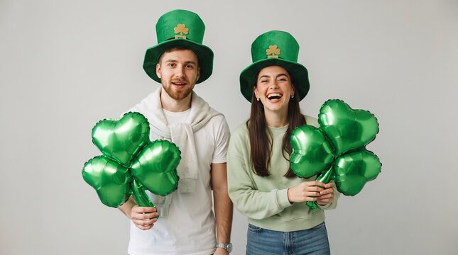 Beautiful young couple in leprechaun hats with air balloons in shape of clover on grey background. St. Patrick's Day celebration
