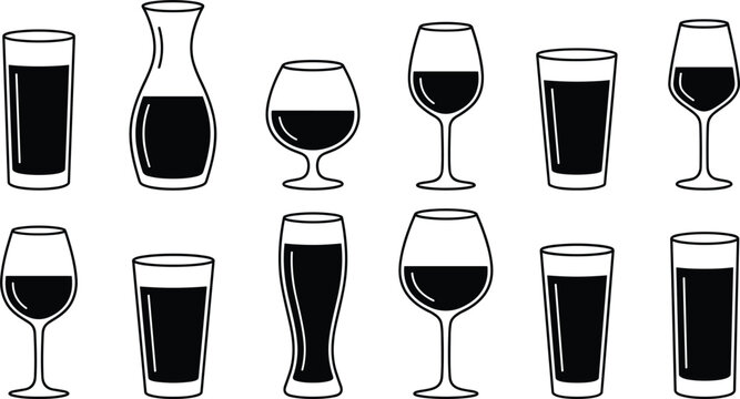 Alcohol drinks glassware icon set featuring wine glasses beer pints cocktail highballs and carafe line art vector