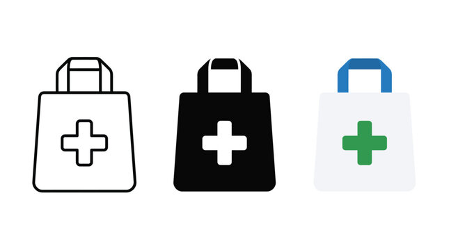 Three medical pharmacy bag icons with cross symbol in outline solid and flat style Vector