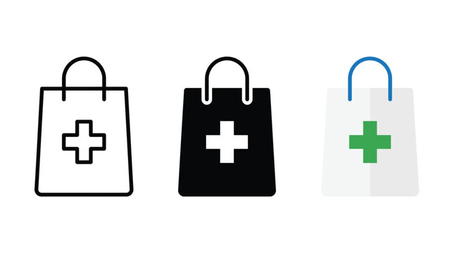 Three medical shopping bag icons with cross symbol for pharmacy and health store Vector
