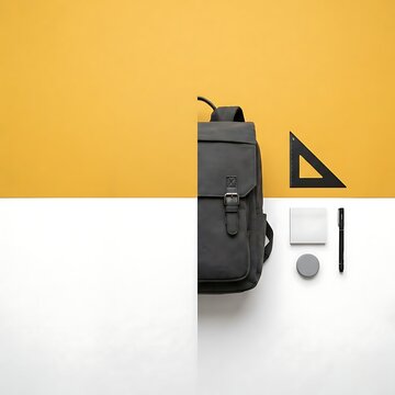 Minimalist flat lay of black backpack, triangle, notebook, pen, and eraser on yellow and white