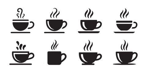 Fototapeta premium Variety of coffee cup solid black silhouette icons featuring steam effects on transparent background.