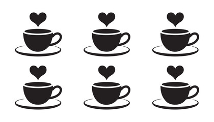 Fototapeta premium Set of coffee cup icons with heart shape steam isolated on dark background for cafe design project.