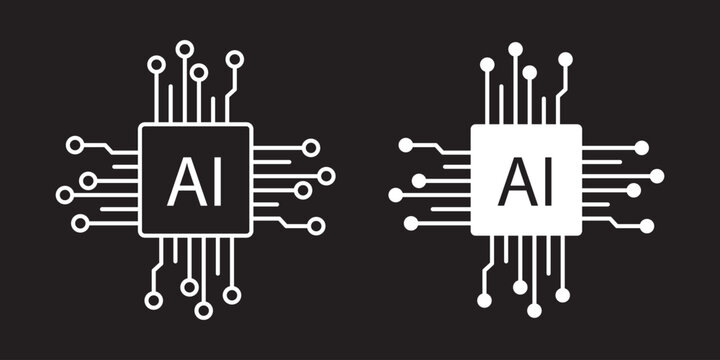 Artificial intelligence AI microchip processor graphic template featuring bold black glyph and linear outline styles of a CPU integrated brain circuit. Circuit chip microchip technology processor 