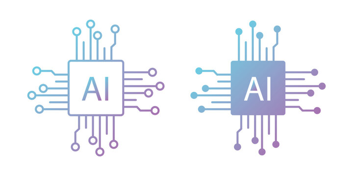 Artificial intelligence AI microchip processor graphic template featuring bold black glyph and linear outline styles of a CPU integrated brain circuit. Circuit chip microchip technology processor 