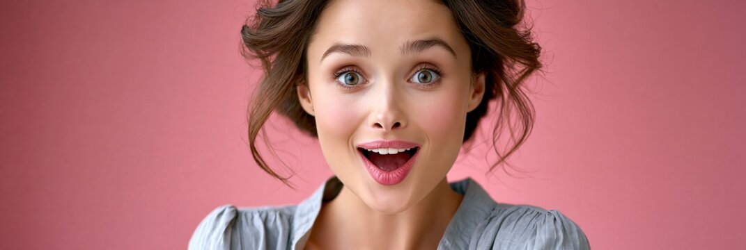Close-up portrait of a young woman with an exaggerated surprised expression, positive shock reaction