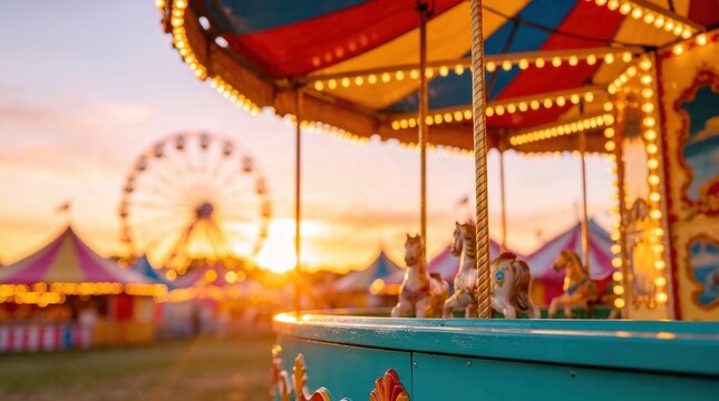 A vibrant carousel sits in the foreground of a bustling fairground at sunset, with a Ferris wheel and colorful tents in the background, joyland, fair