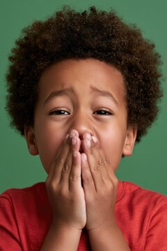 Child expressing distress over allergy symptoms, hands covering mouth, worried expression, vibrant background