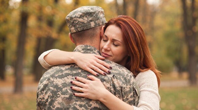 Soldier reunited with wife on a sunny day
