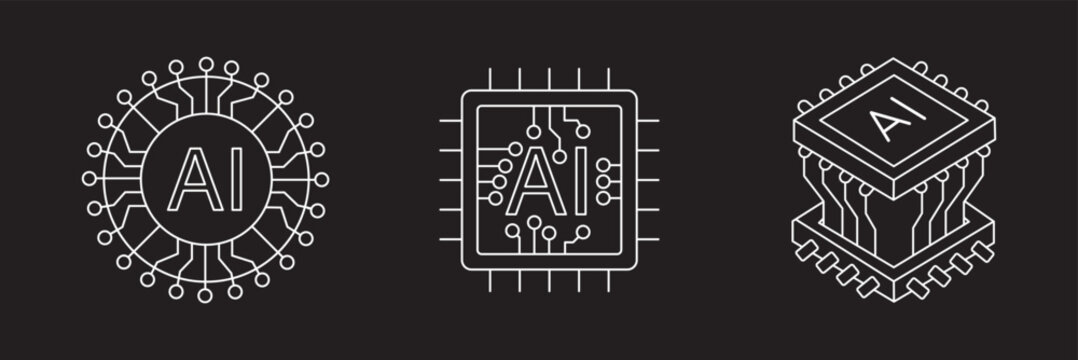 Artificial intelligence AI processor chip black line icon set. AI Processor circuit symbol logo. Mini AI CPU icon collection. powered ai chip silhouette icon vector set. AI chip icon 