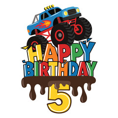 Happy Birthday monster truck vector cartoon illustration © primus44