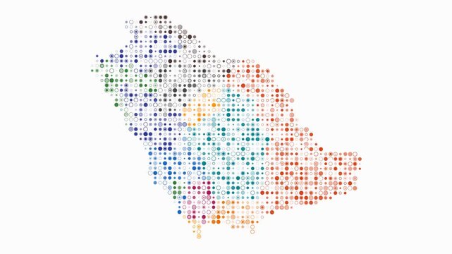 Saudi Arabia animated country shape. Pulsating colored dots on the map of the country. Small size circle blocks. Digital style Saudi Arabia map on white background. Awesome animation video.