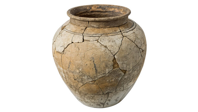 Ancient broken cracked ceramic clay pot vase isolated on transparent background