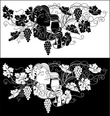 Obraz premium Woman Drinking Wine Grape Vine Leaves Illustration