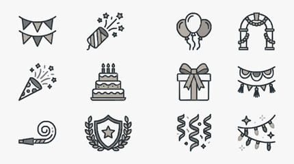 Obraz premium Minimalist Black and White Line Art Icons Set Featuring Party Elements Decorations and Celebration Symbols