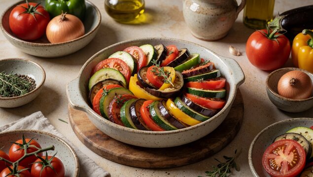 Large white ceramic bowl filled sliced vegetables wooden cutting board appear mix different types including zu