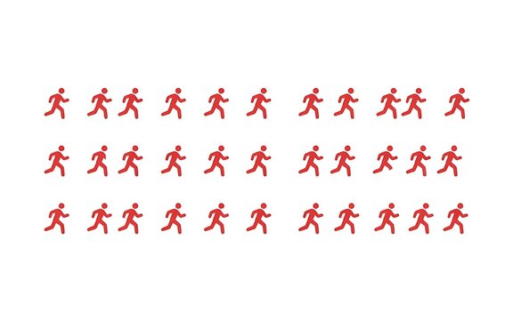 A series of animated red figures demonstrating different stages of a running motion in a sequential pattern