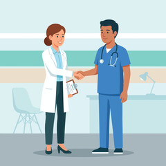 Obraz premium Diverse Doctors Shaking Hands in Modern Clinic Office, Symbolizing Collaboration and Healthcare Partnership