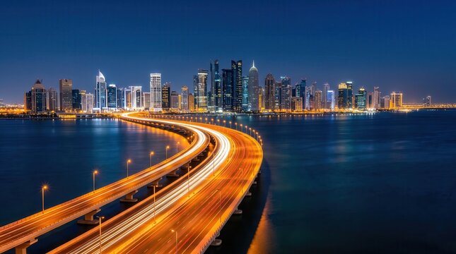 A serene cityscape at dusk with a winding highway and skyscrapers by the water, city skycrapers and cityline